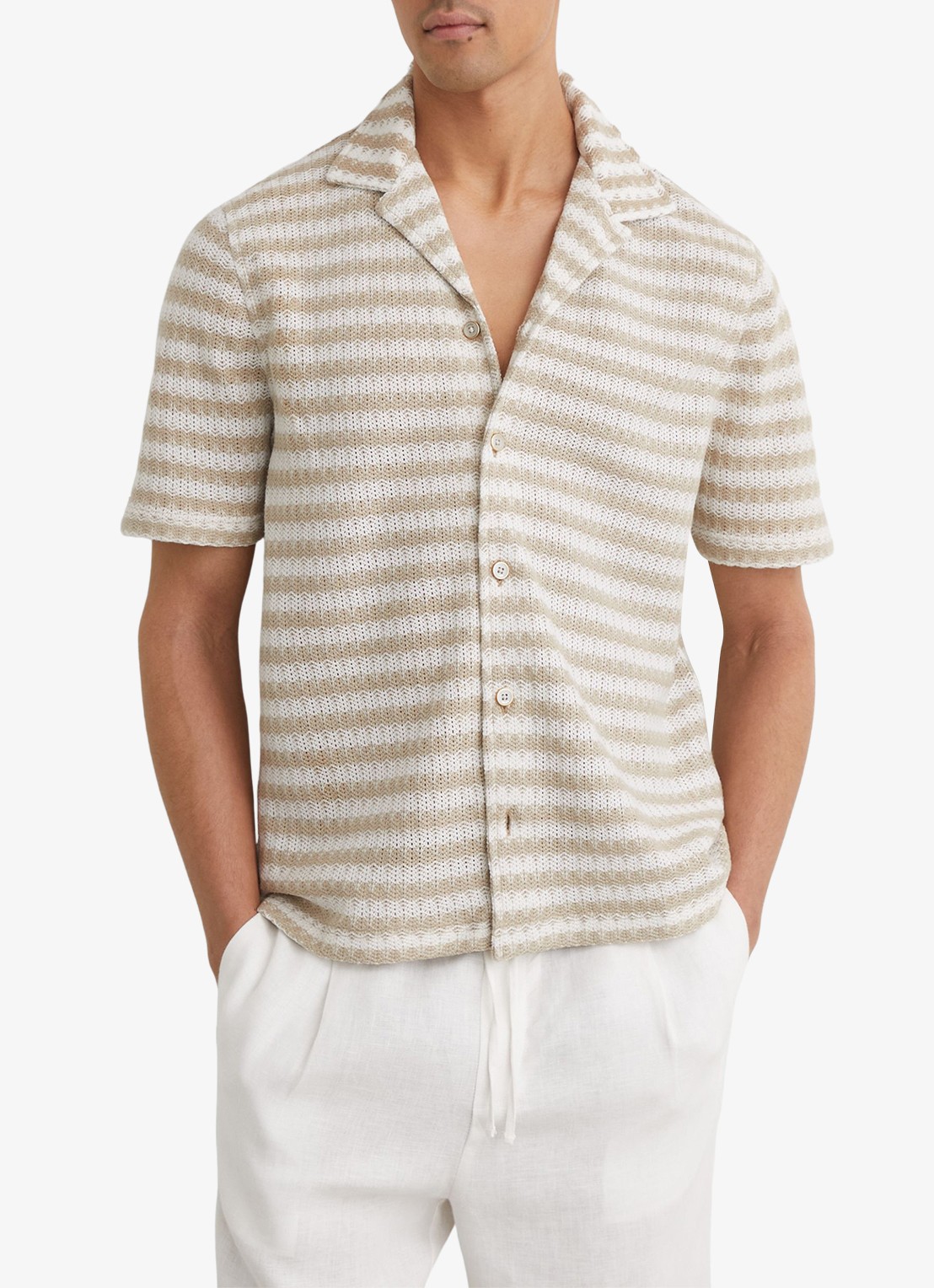 Reiss Island grofgebreid regular fit overhemd met streepprint - detail 3 wit / oatmeal