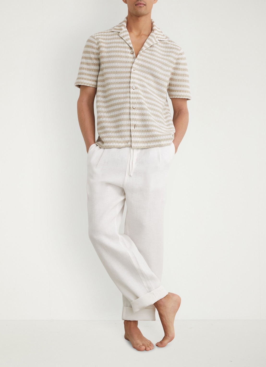 Reiss Island grofgebreid regular fit overhemd met streepprint - voorkant 2 wit / oatmeal