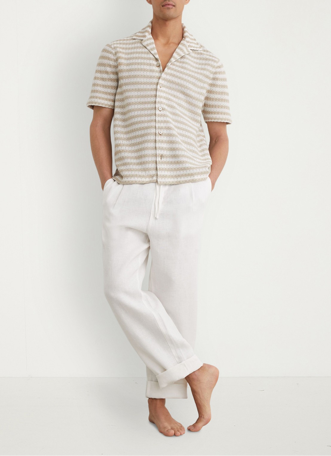 Reiss Island grofgebreid regular fit overhemd met streepprint - voorkant 2 wit / oatmeal