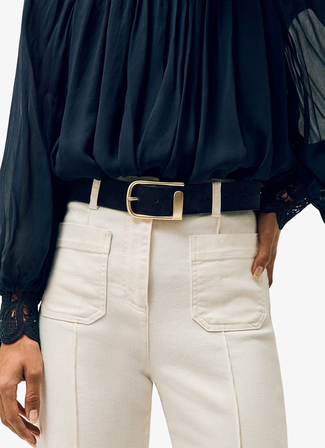 Reiss Iyla riem van leer  - voorkant donkerblauw