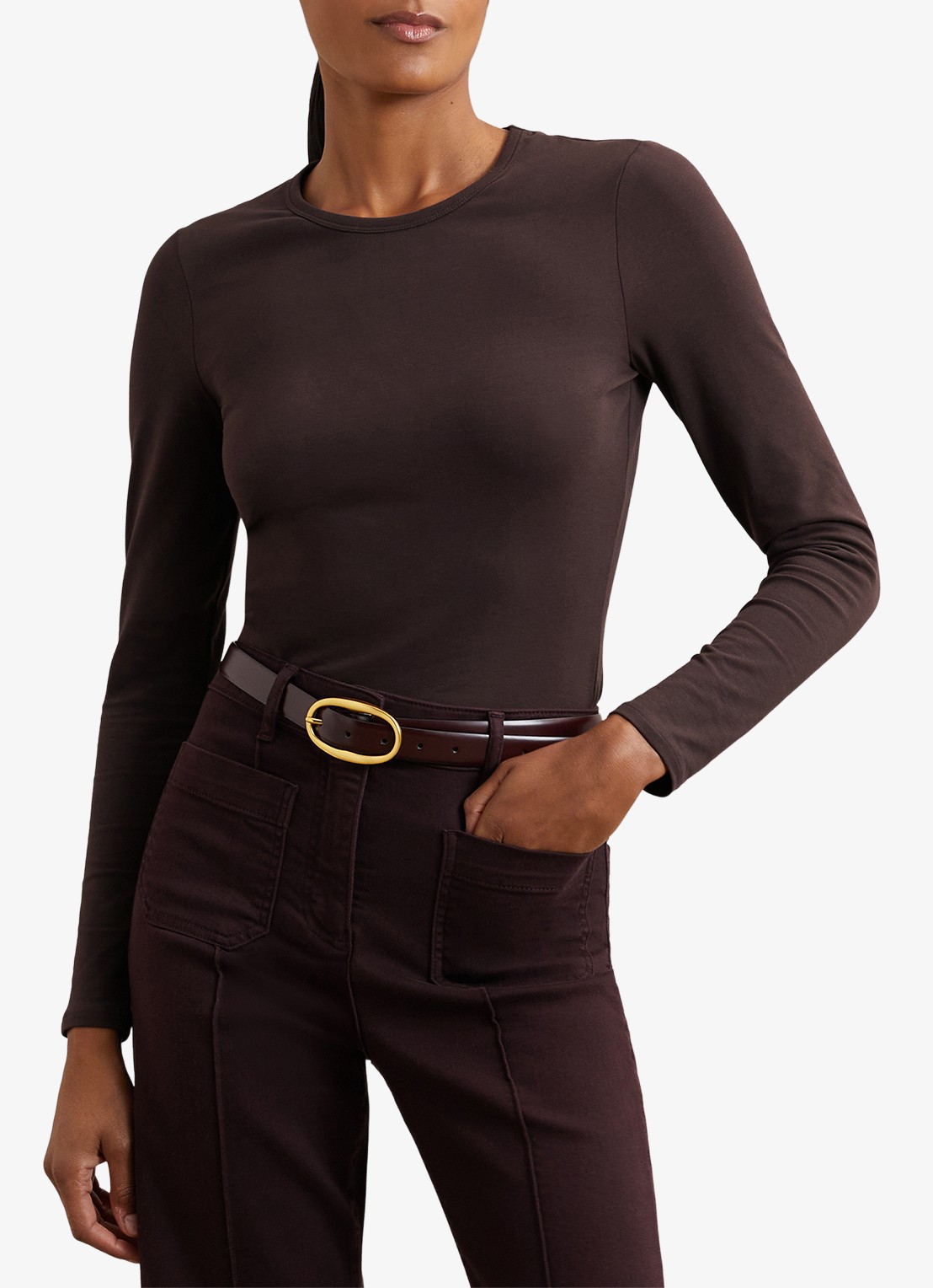 Reiss Jada longsleeve met ronde hals - detail 4 donkerbruin