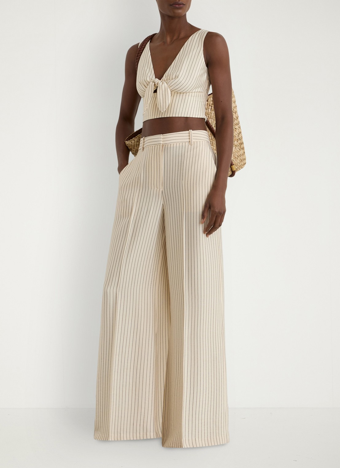 Reiss Jayce high waist wide fit pantalon met streepprint - voorkant 2 creme