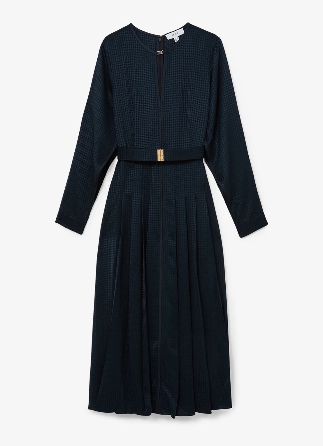 Reiss Kea midi jurk met ceintuur en plooidetail - voorkant donkerblauw