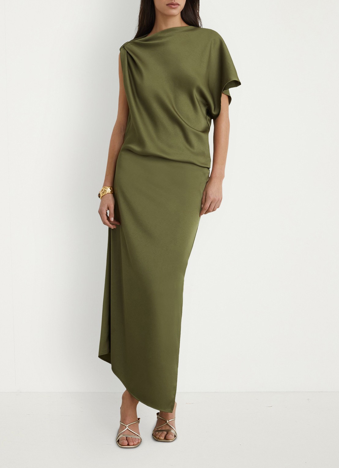 Reiss Kenzie asymmetrische gedrapeerde midi-jurk - voorkant 3 olijfgroen