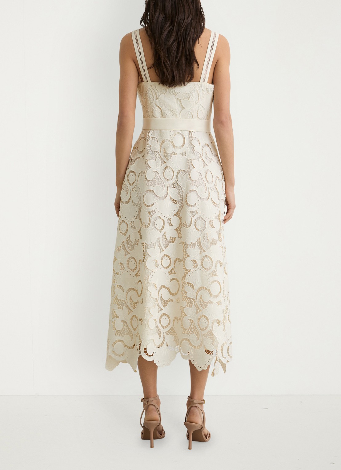 Reiss Kerina midi jurk met borduring en ceintuur - achterkant creme