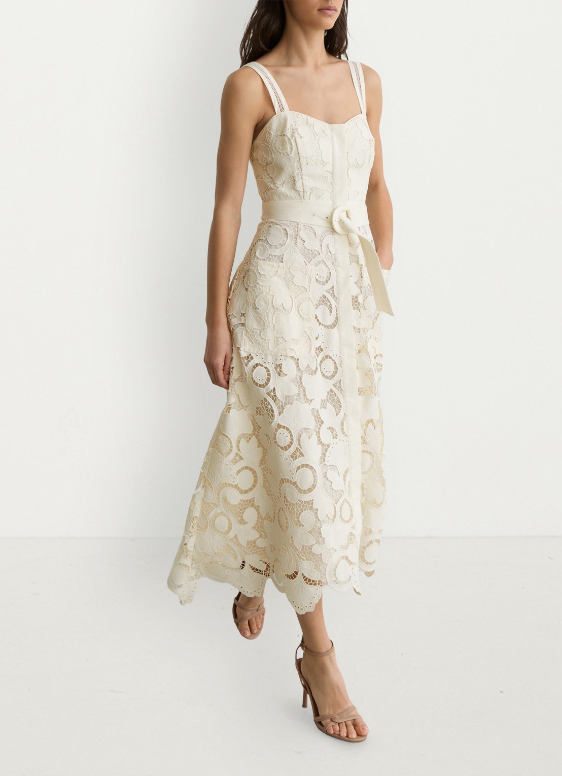 Reiss Kerina midi jurk met borduring en ceintuur - detail 6 creme
