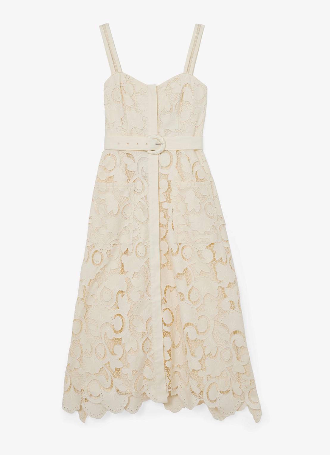 Reiss Kerina midi jurk met borduring en ceintuur - voorkant 2 creme