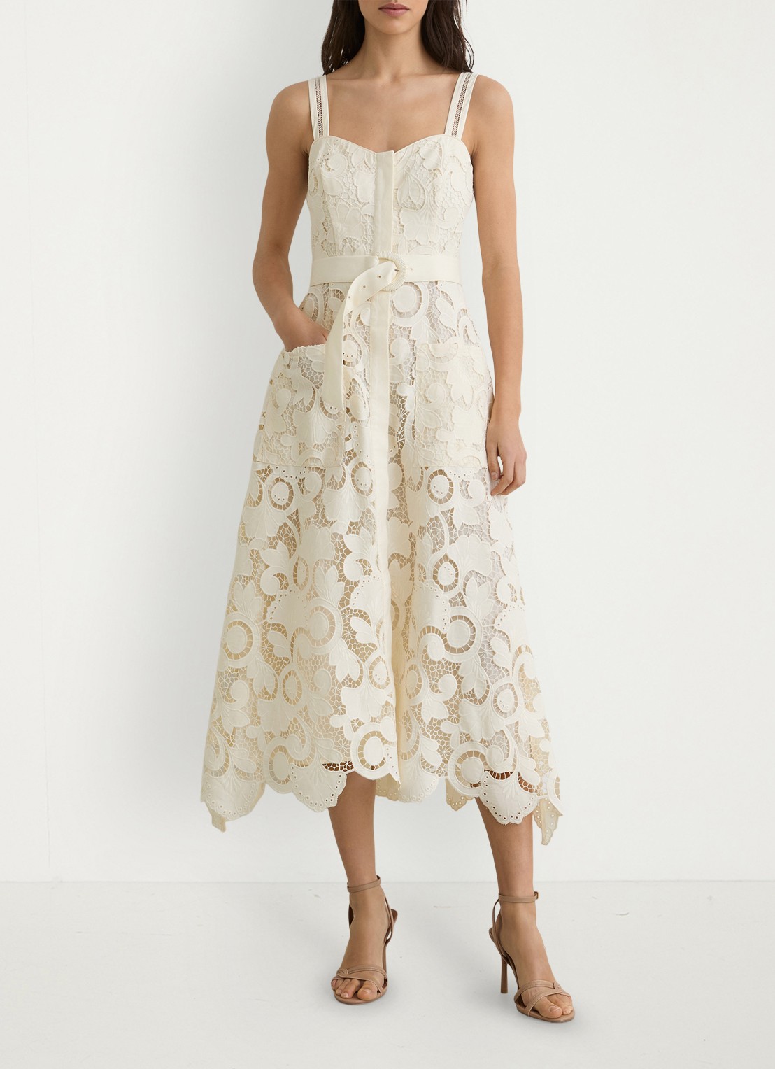 Reiss Kerina midi jurk met borduring en ceintuur - voorkant 3 creme
