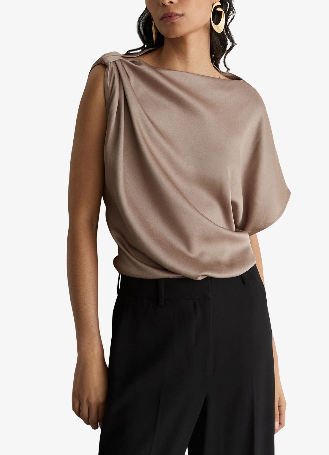 Reiss KEZIA Satin Draped One-Shoulder Top - detail 4 beige