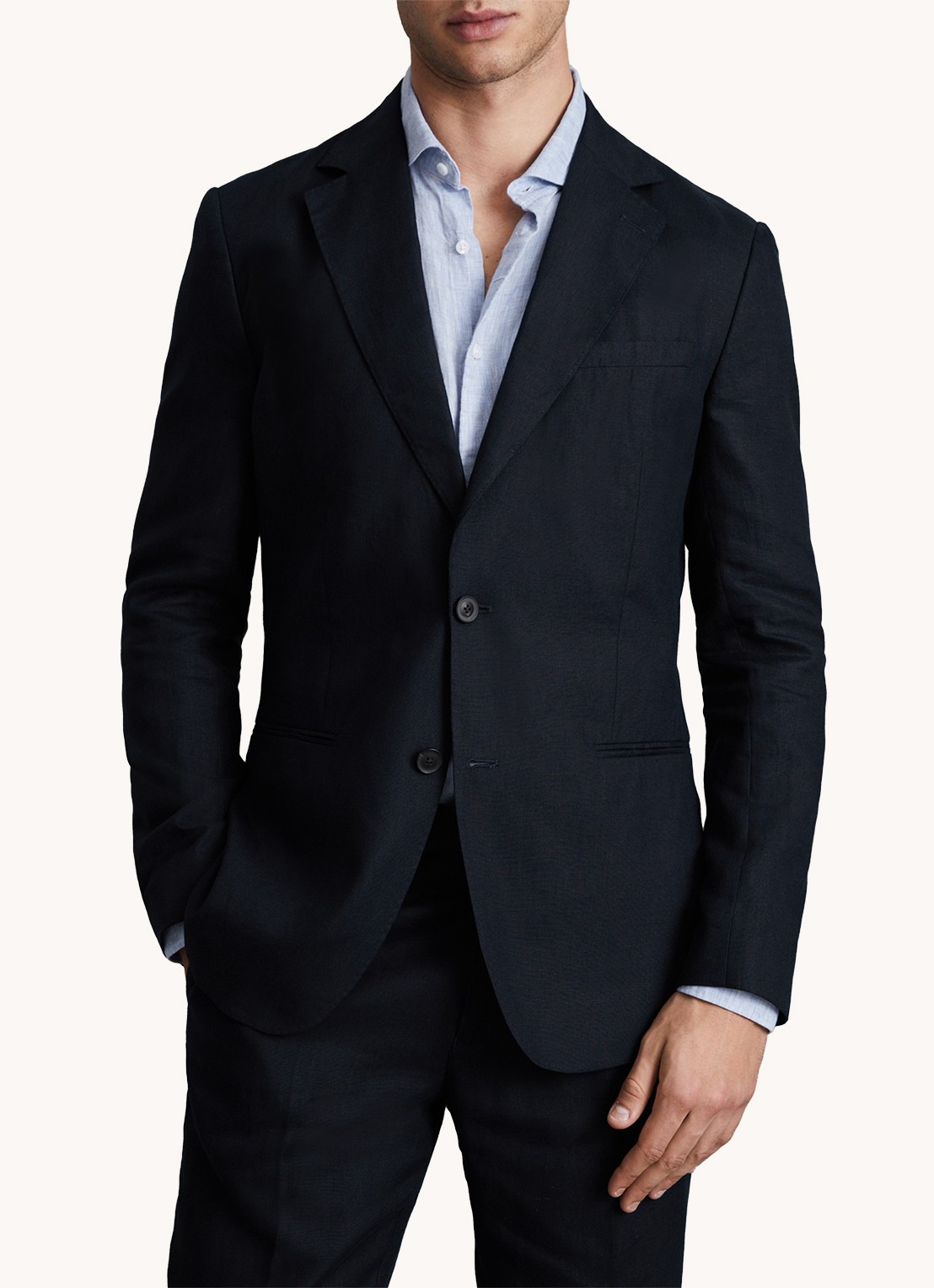 Reiss Kin slim fit colbert van linnen met steekzakken - detail donkerblauw