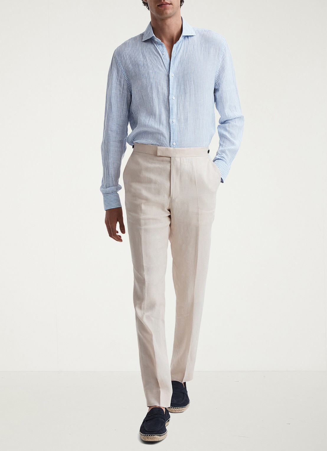 Reiss Kin slim fit pantalon van linnen met steekzakken - voorkant 4 stone / beige