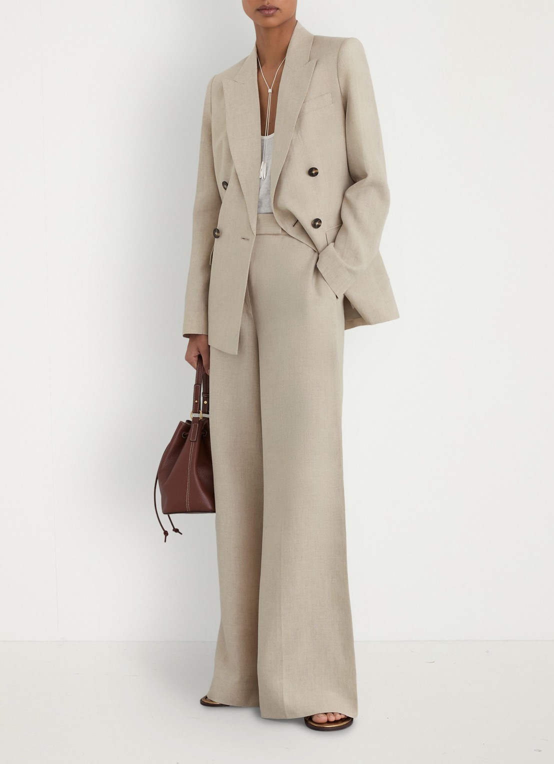 Reiss Kit high waist wide fit pantalon van linnen - voorkant 8 beige