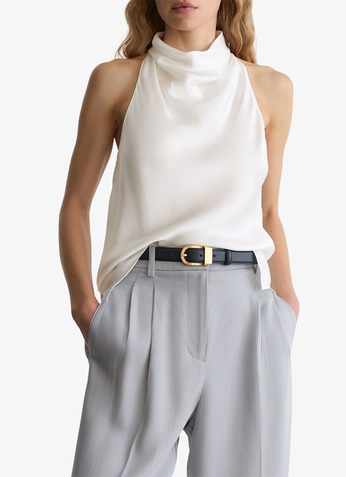 Reiss Kora mouwloze top van zijde met watervalhals - detail ivory / beige