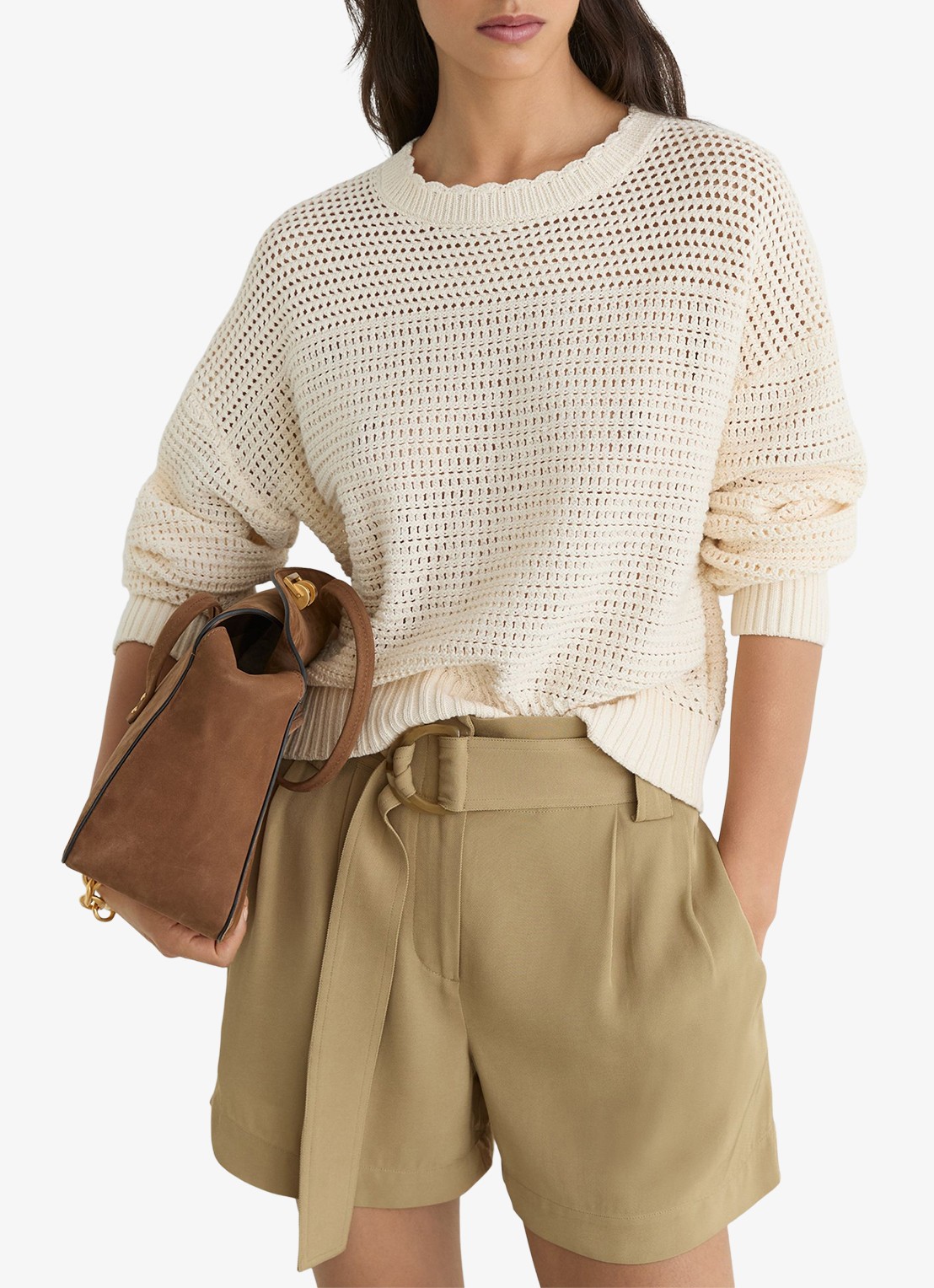 Reiss Lana high waist wide fit korte broek met ceintuur - detail 6 beige