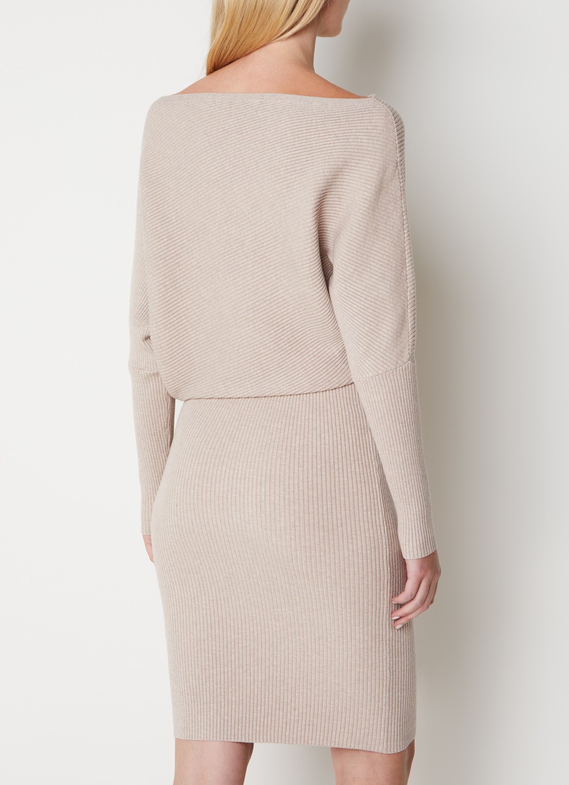 Reiss Lara fijngebreide midi trui-jurk met ribstructuur - achterkant beige