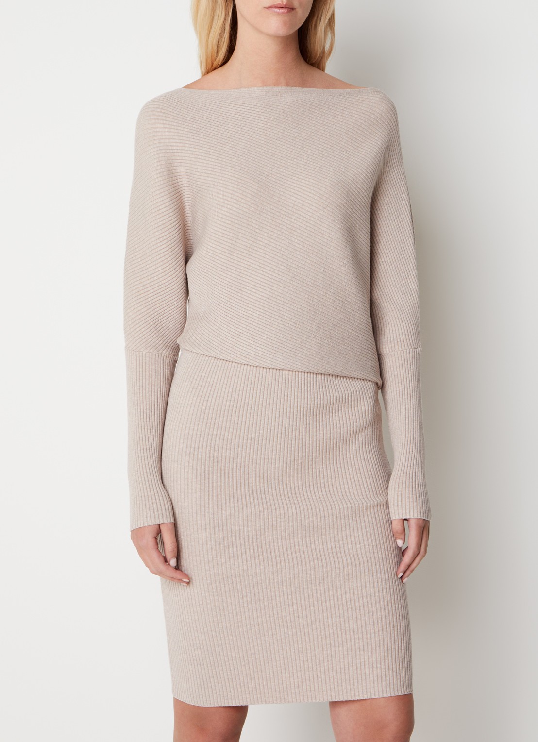 Reiss Lara fijngebreide midi trui-jurk met ribstructuur - detail 2 beige