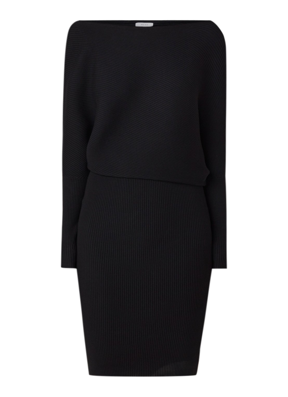 Reiss Lara off shoulder midi jurk met ribstructuur - voorkant 2 zwart