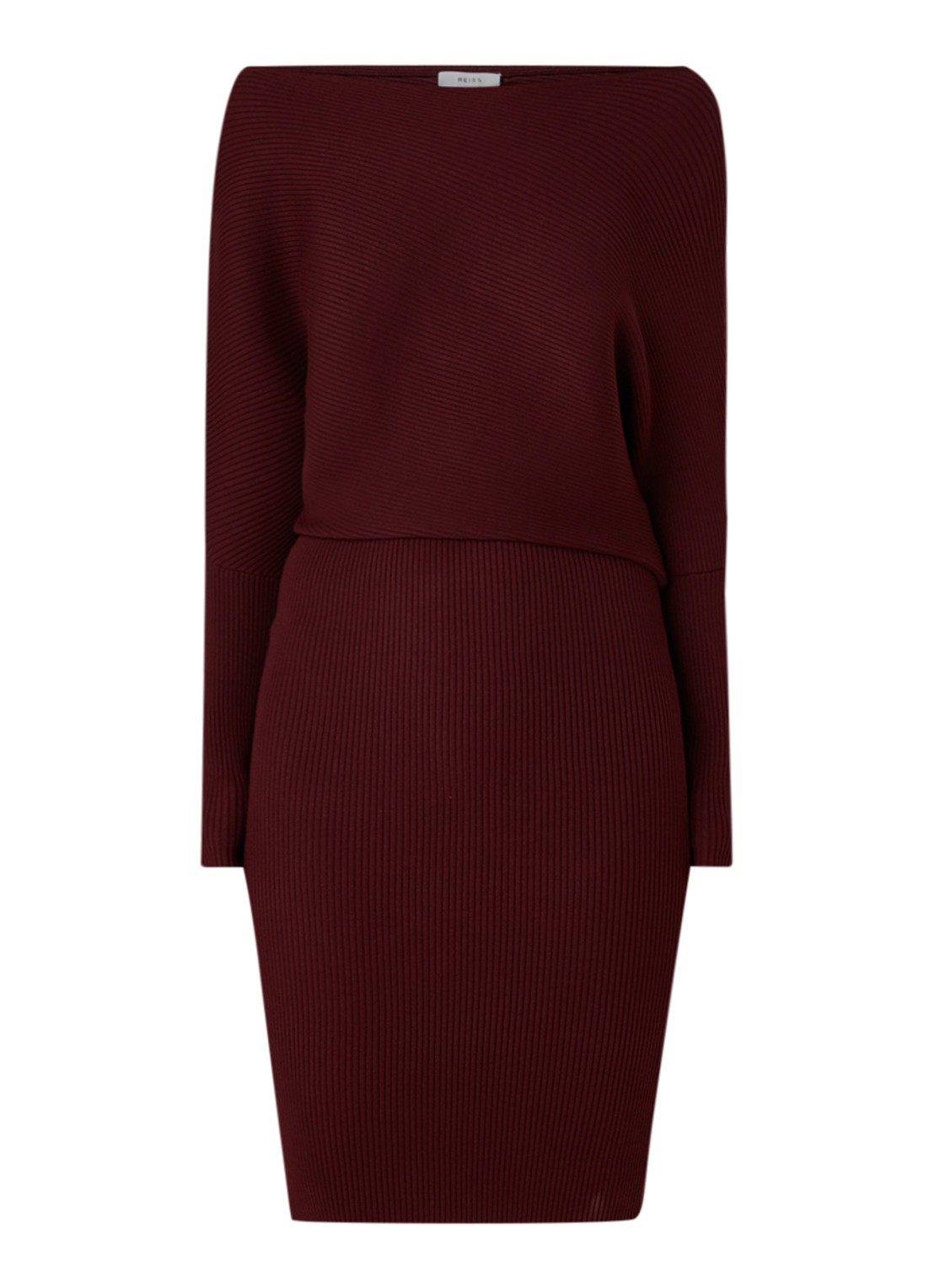 Reiss Lara off shoulder midi jurk met ribstructuur - voorkant 3 bordeauxrood