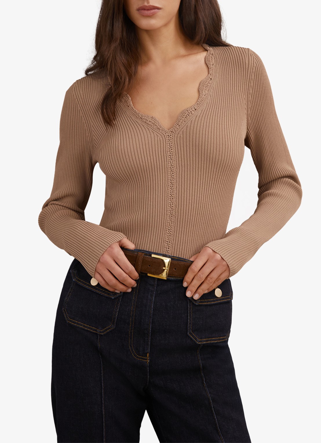 Reiss Lara ribgebreide trui met crochet detail - detail 4 camel