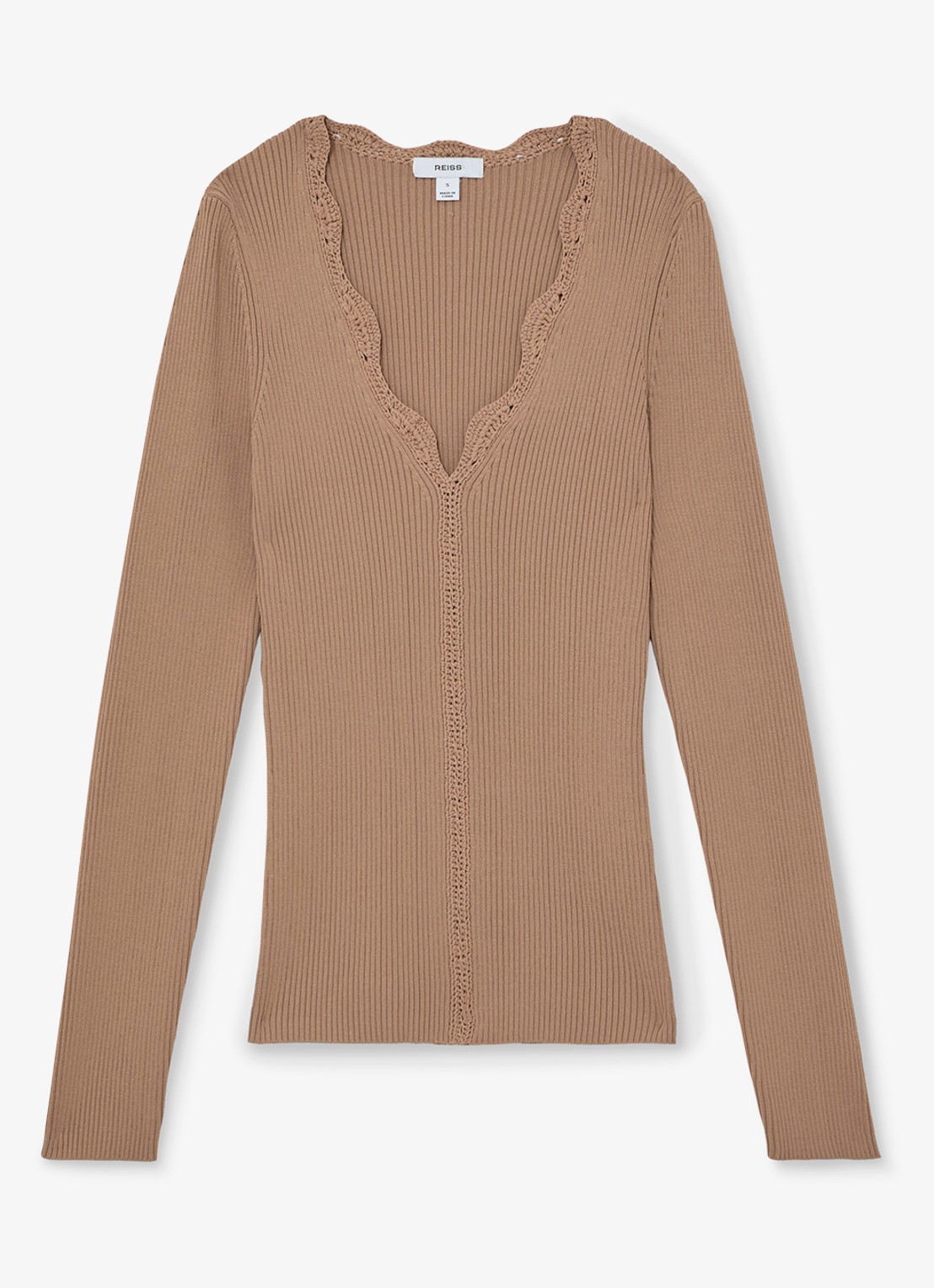 Reiss Lara ribgebreide trui met crochet detail - voorkant 2 camel