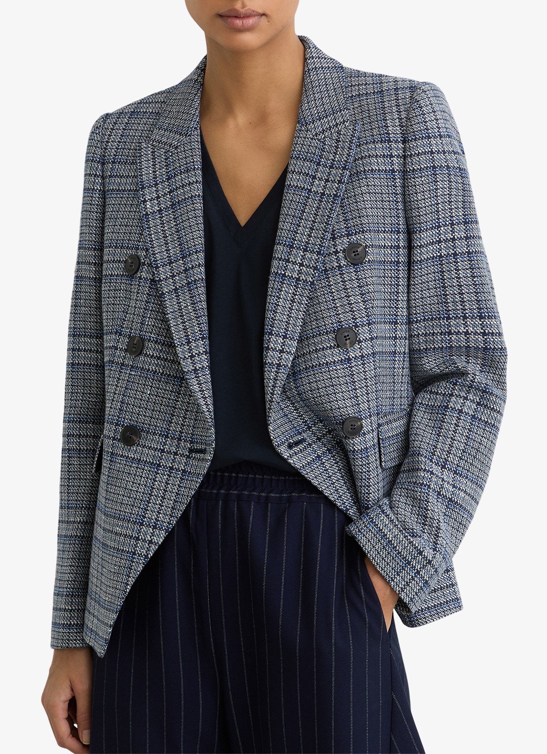 Reiss Larissa double breasted blazer in linnenblend met ruitdessin  - detail 4 grijs