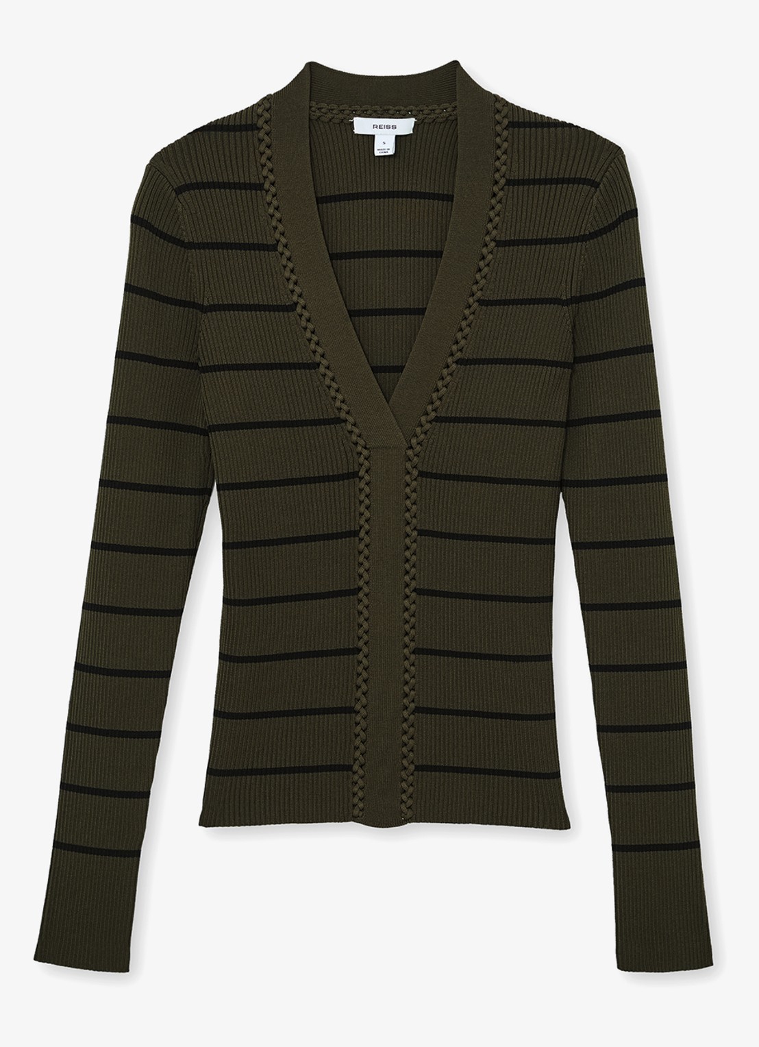 Reiss Lauralee ribgebreid trui met streepprint  - voorkant 4 khaki