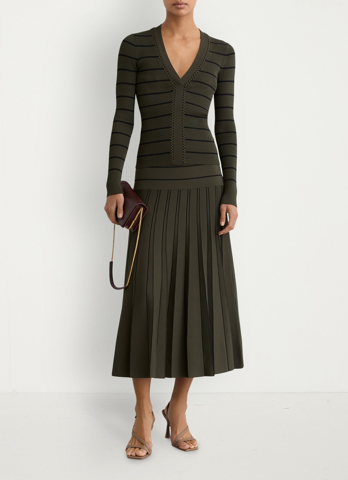 Reiss Lauralee ribgebreid trui met streepprint  - voorkant 5 khaki