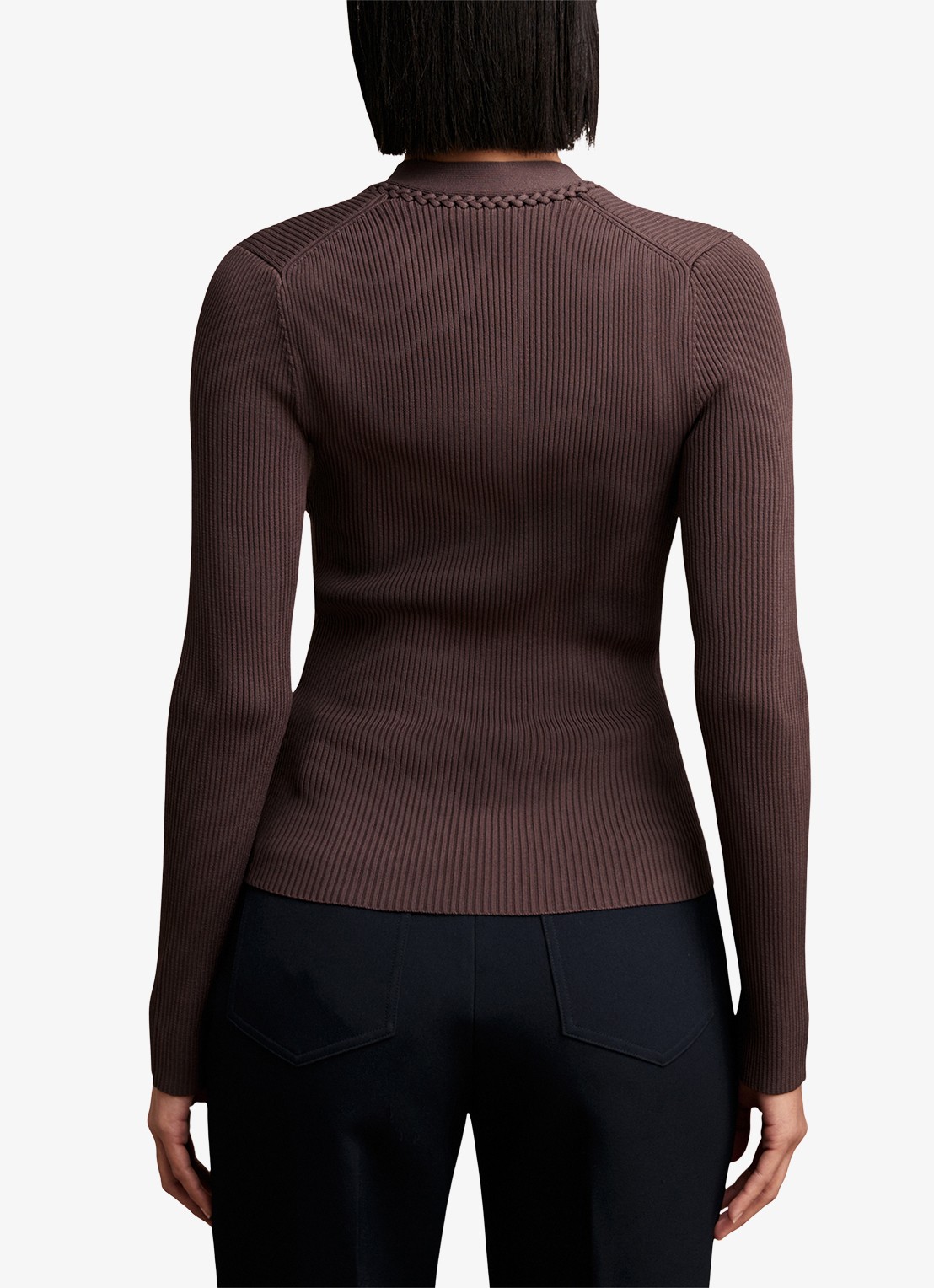 Reiss Lauri ribgebreide top met V-hals - achterkant donkerbruin