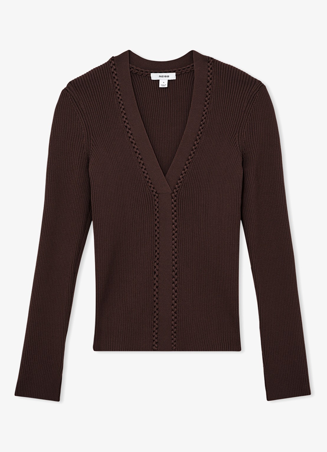 Reiss Lauri ribgebreide top met V-hals - voorkant 2 donkerbruin