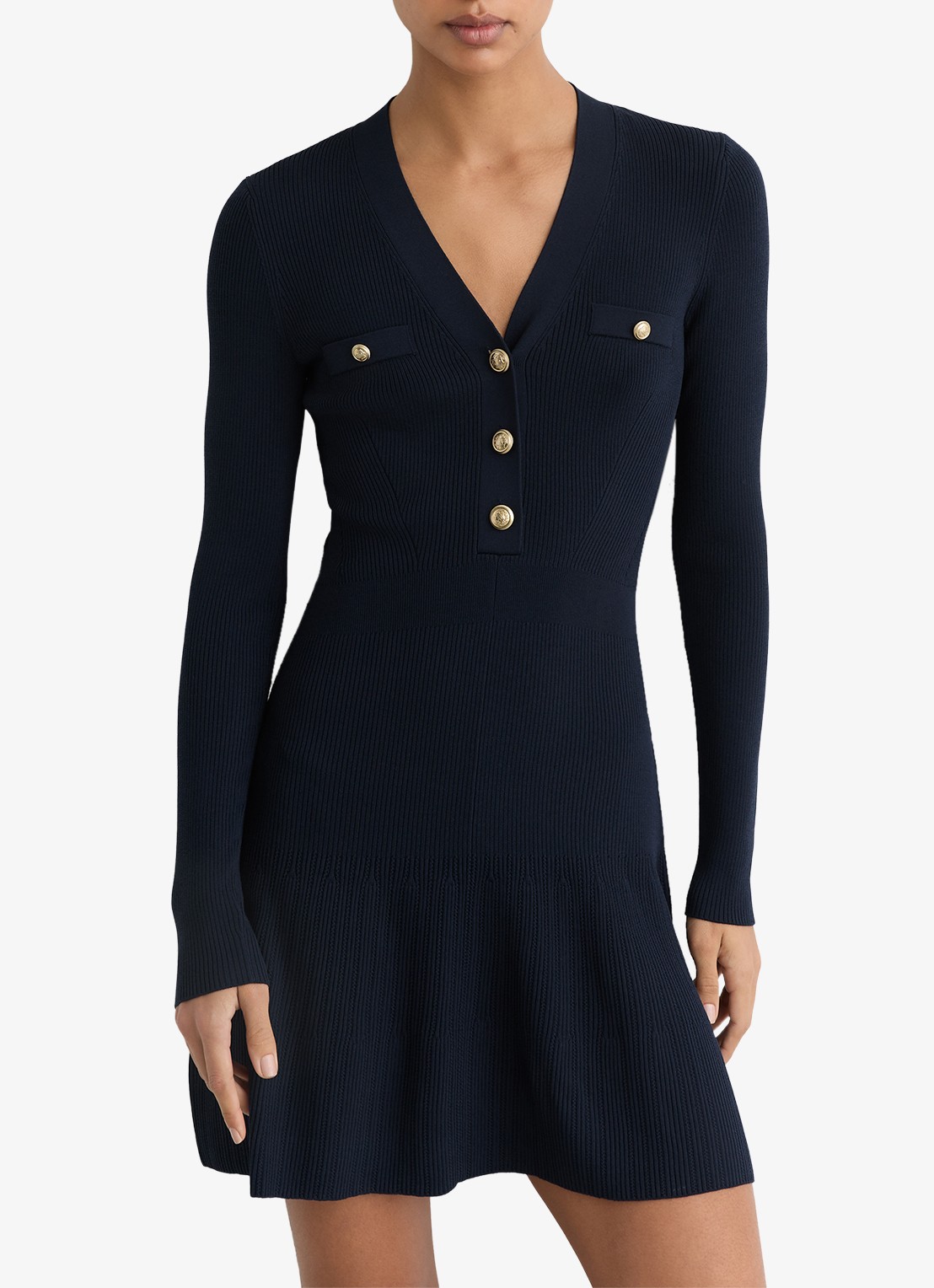 Reiss Lavelle rigebreide mini jurk met knoop detail - detail 4 donkerblauw