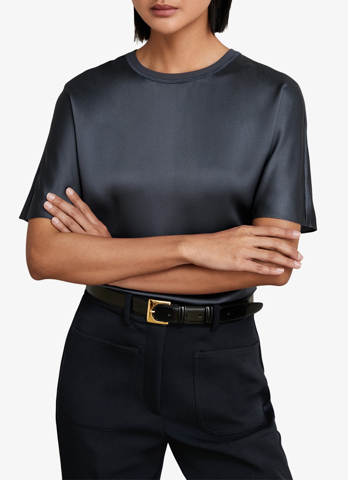 Reiss LENA Silk Short-Sleeve Top - detail 3 donkerblauw