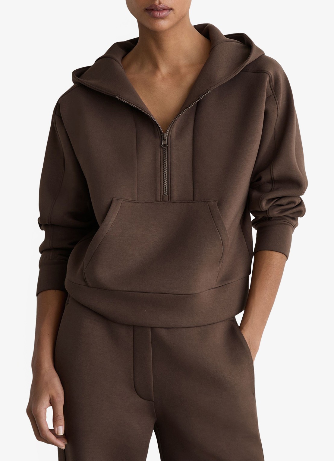 Reiss Lockie hoodie met halve rits - detail 3 donkerbruin