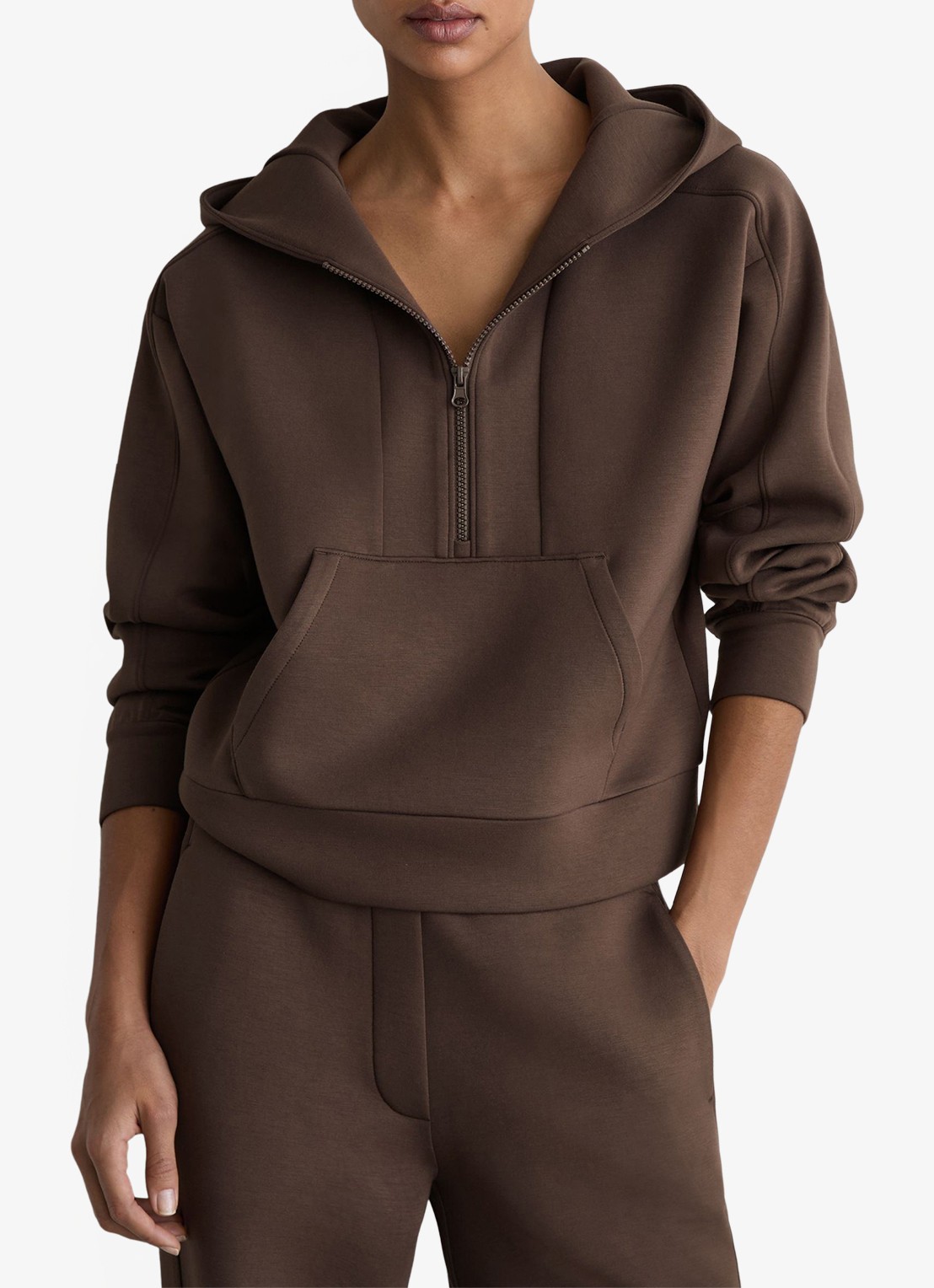 Reiss Lockie hoodie met halve rits - detail 4 donkerbruin