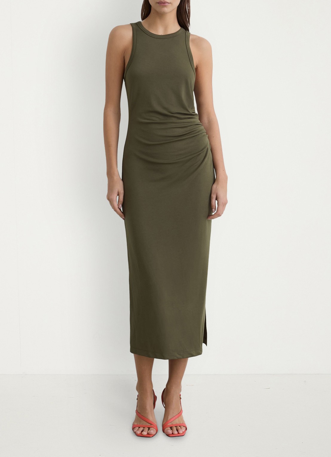 Reiss Lola midi jurk met plooidetail - detail khaki green / groen