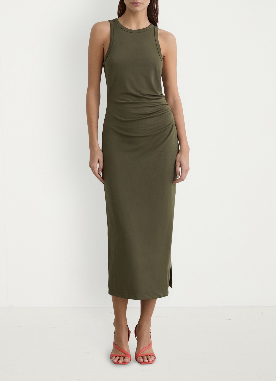 Reiss Lola midi jurk met plooidetail - voorkant 6 khaki green / groen