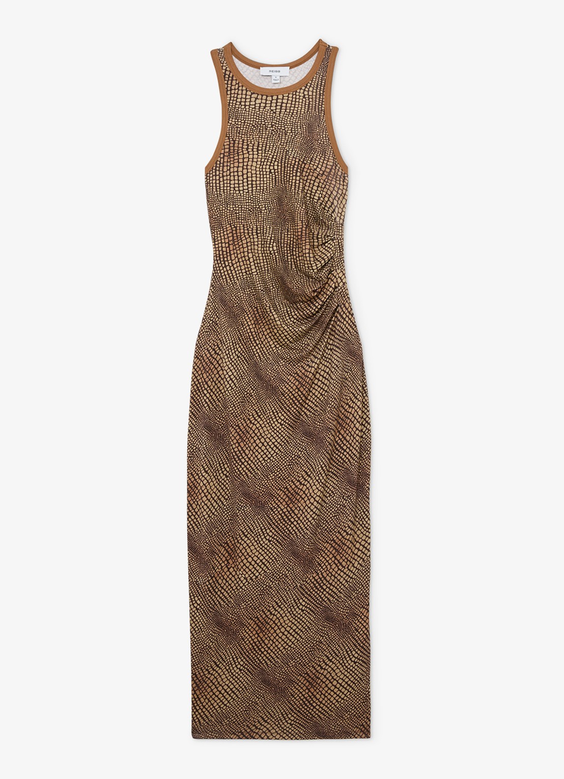 Reiss Lola midi jurk met slangenprint en split - voorkant 2 bruin