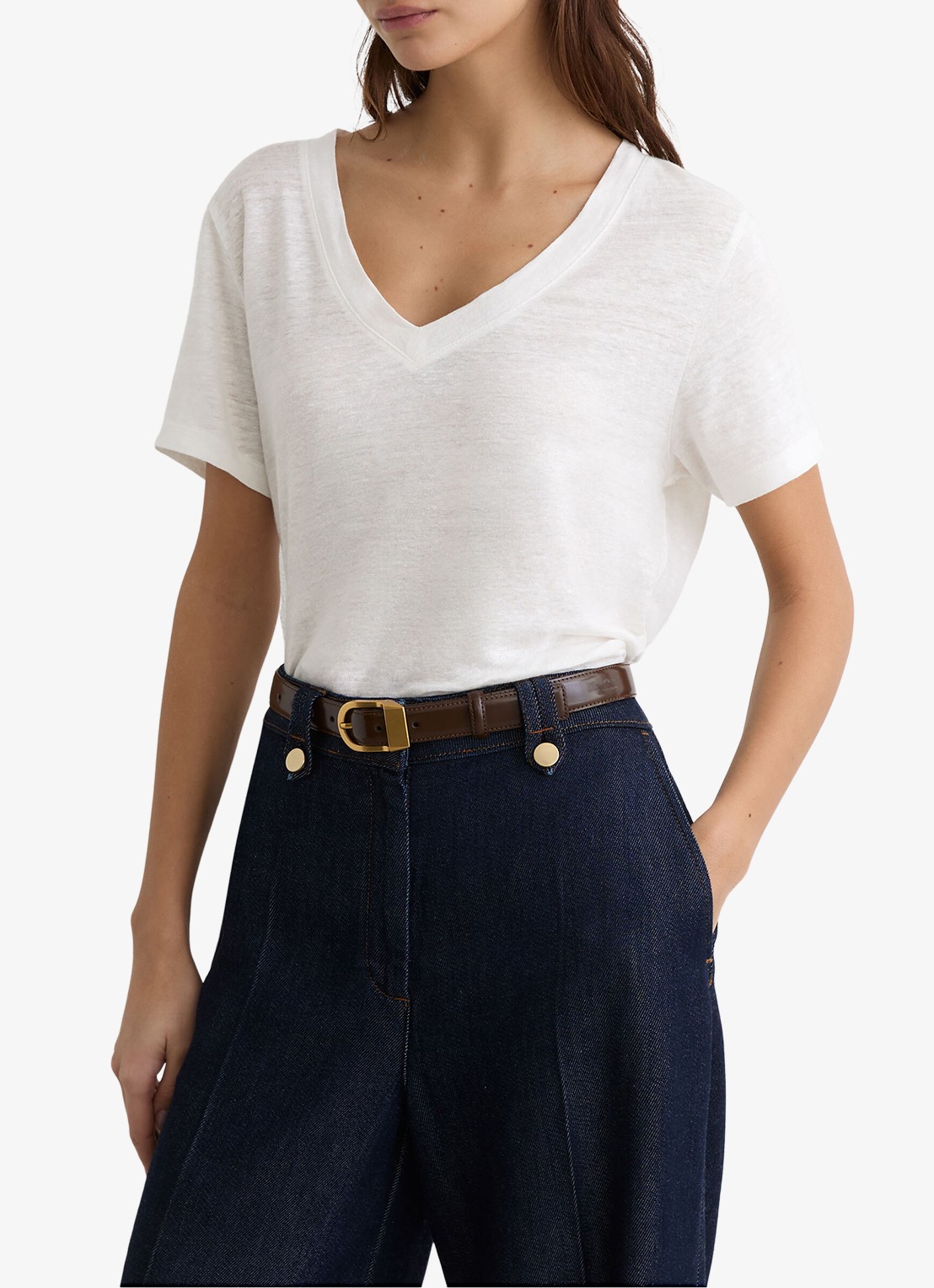 Reiss Lola T-shirt van linnen met V-hals - detail 2 wit