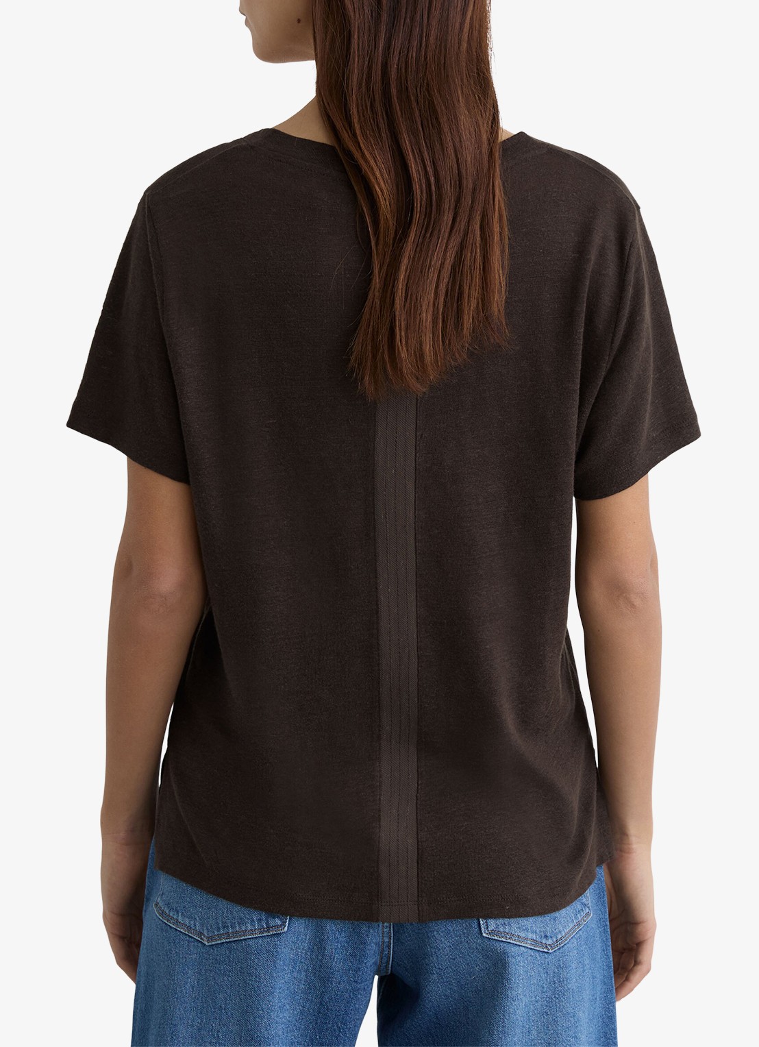 Reiss Lola T-shirt van linnen met V-hals - achterkant chocoladebruin