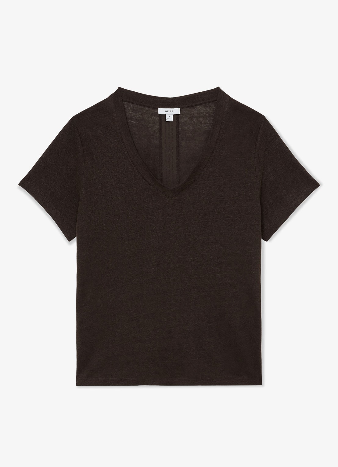 Reiss Lola T-shirt van linnen met V-hals - voorkant 5 chocoladebruin