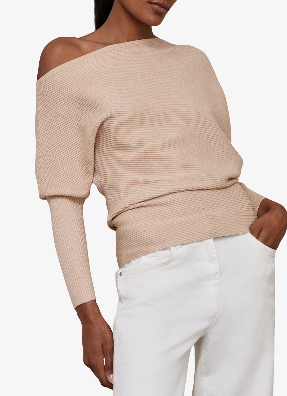 Reiss Lorna fijngebreide trui met asymmetrisch hals - detail 2 beige