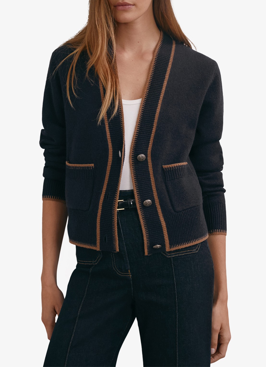 Reiss Louisa ribgebreide vest met steekzakken - detail 2 donkerblauw
