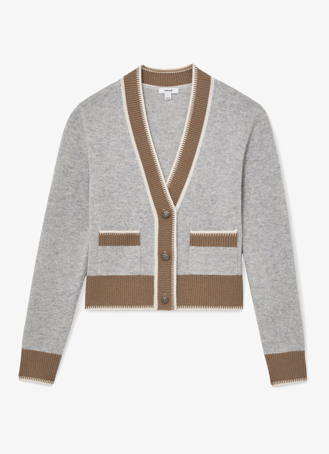 Reiss Louisa ribgebreide vest met steekzakken - voorkant 5 grijs