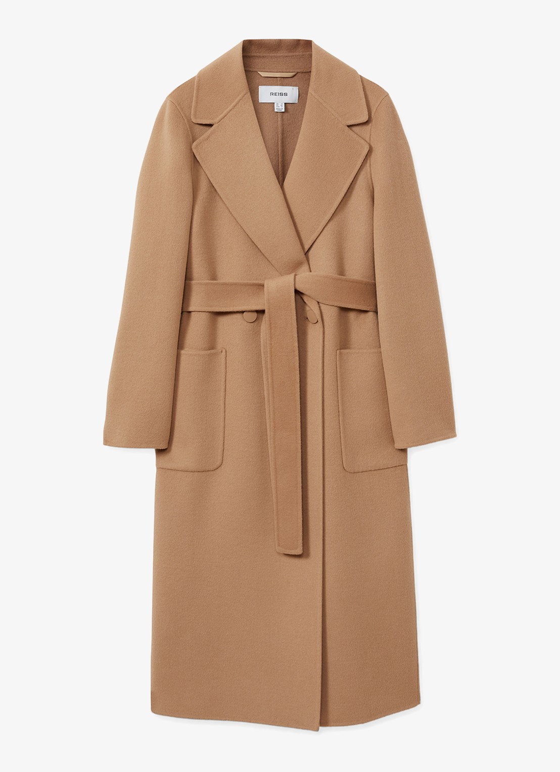 Reiss Lucia double-breasted mantel in wolblend met strikceintuur - voorkant 4 camel