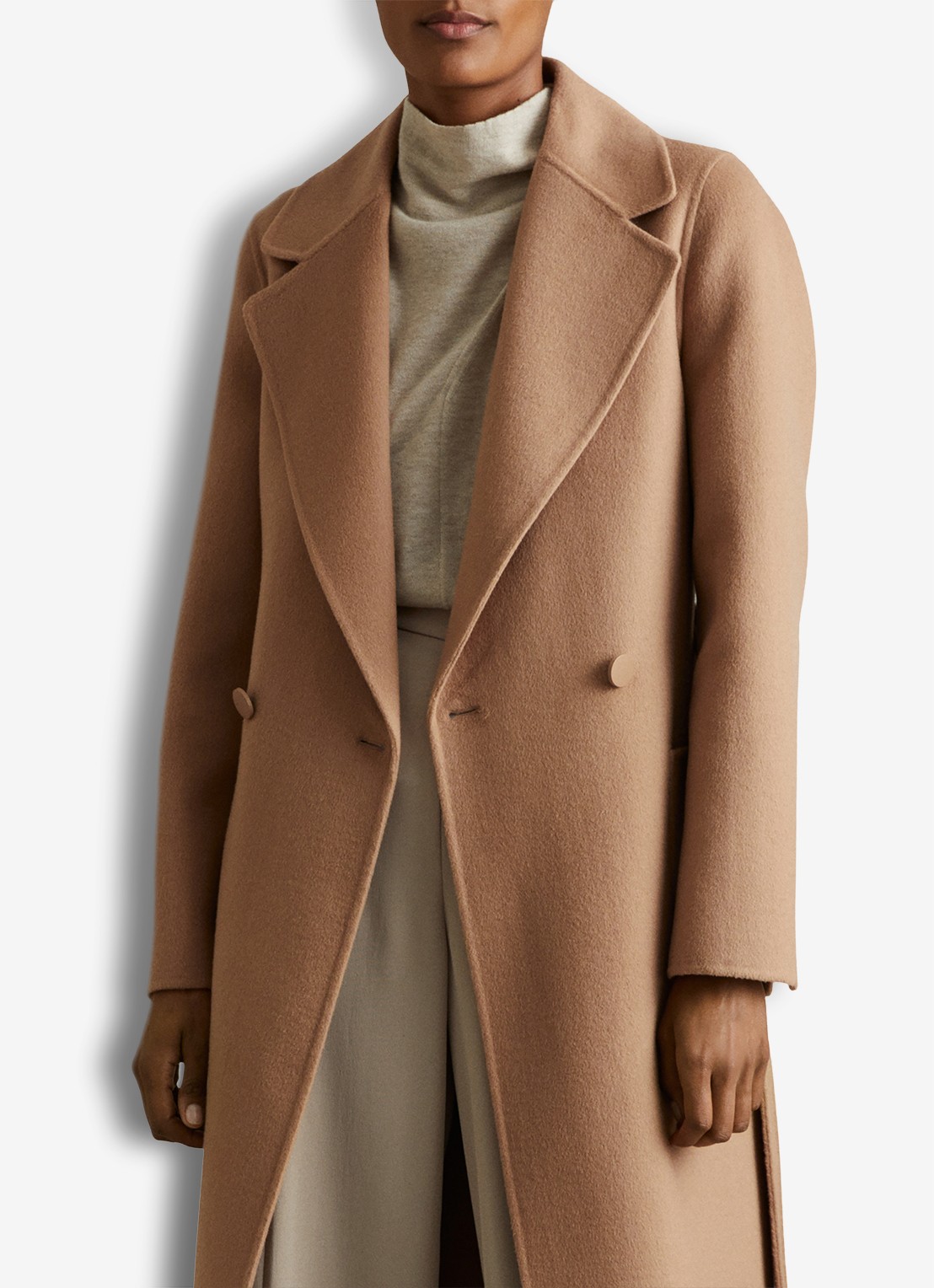 Reiss Lucia double-breasted mantel in wolblend met strikceintuur - voorkant 5 camel