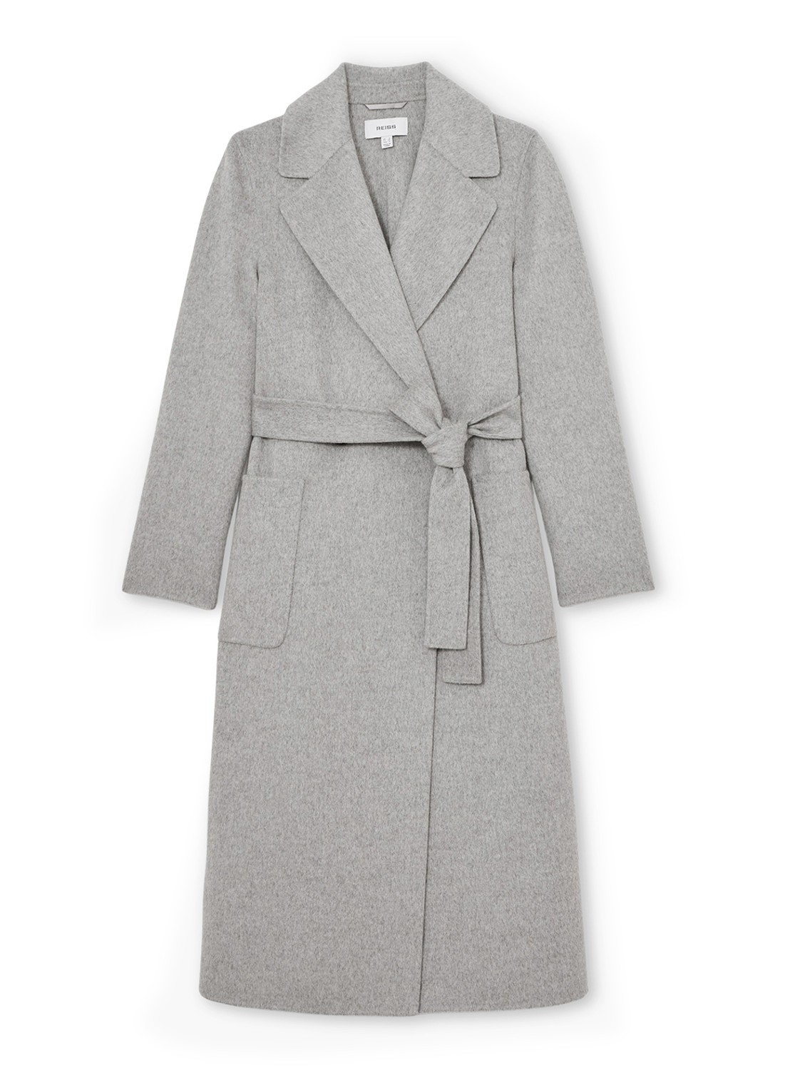 Reiss Lucia double-breasted mantel in wolblend met strikceintuur - voorkant 5 grijs