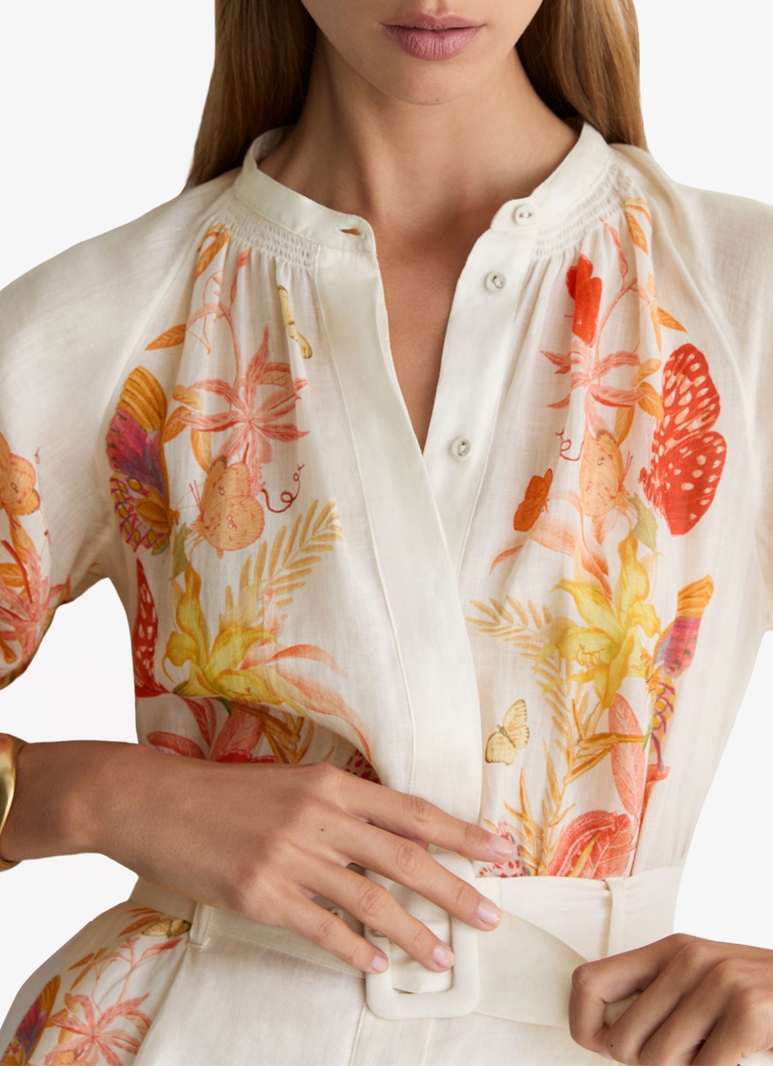 Reiss Lucia straight fit playsuit met strikceintuur en bloemenprint - detail 4 orange