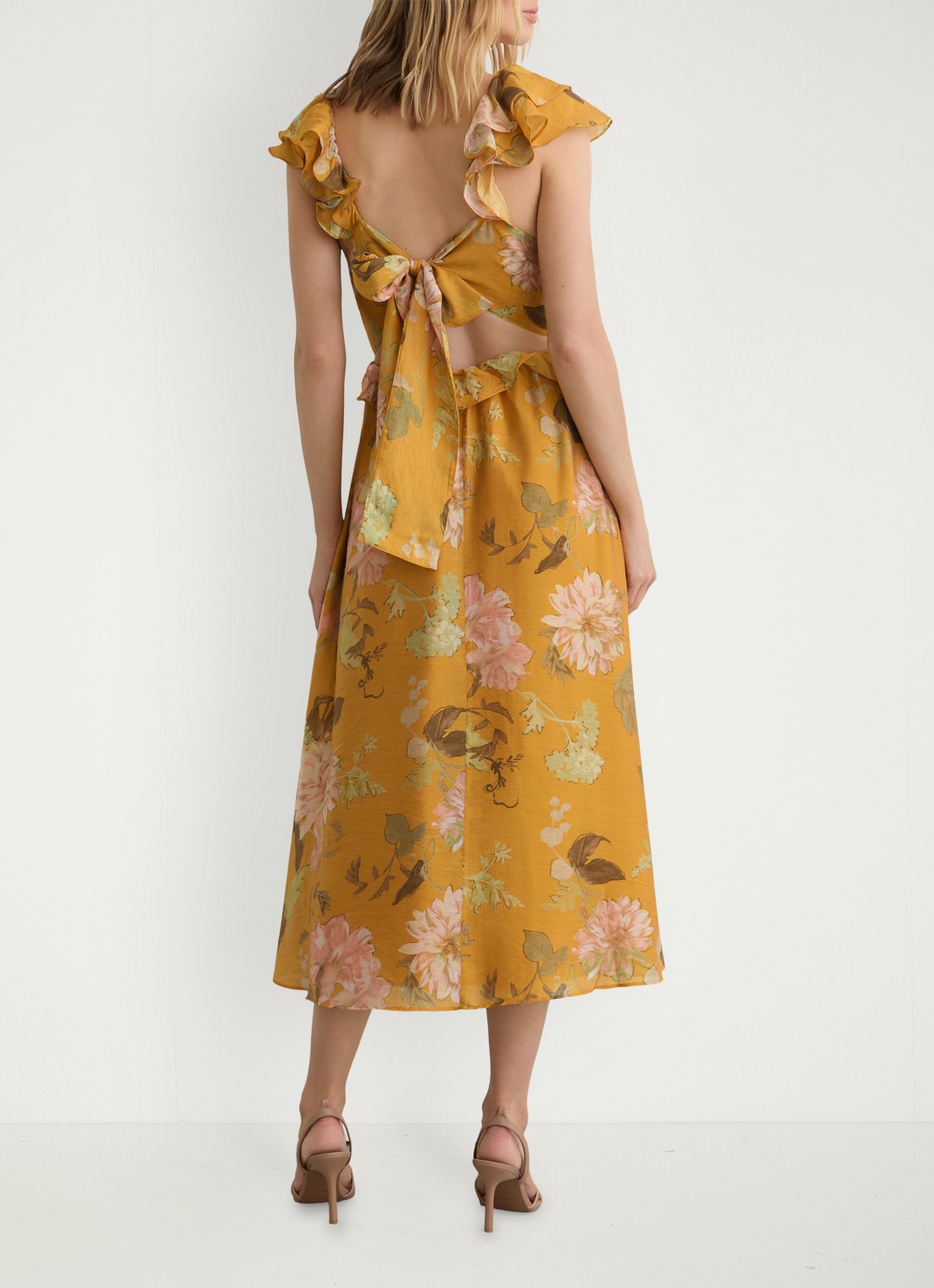 Reiss Lucy midi jurk met bloemenprint - achterkant 5 okergeel