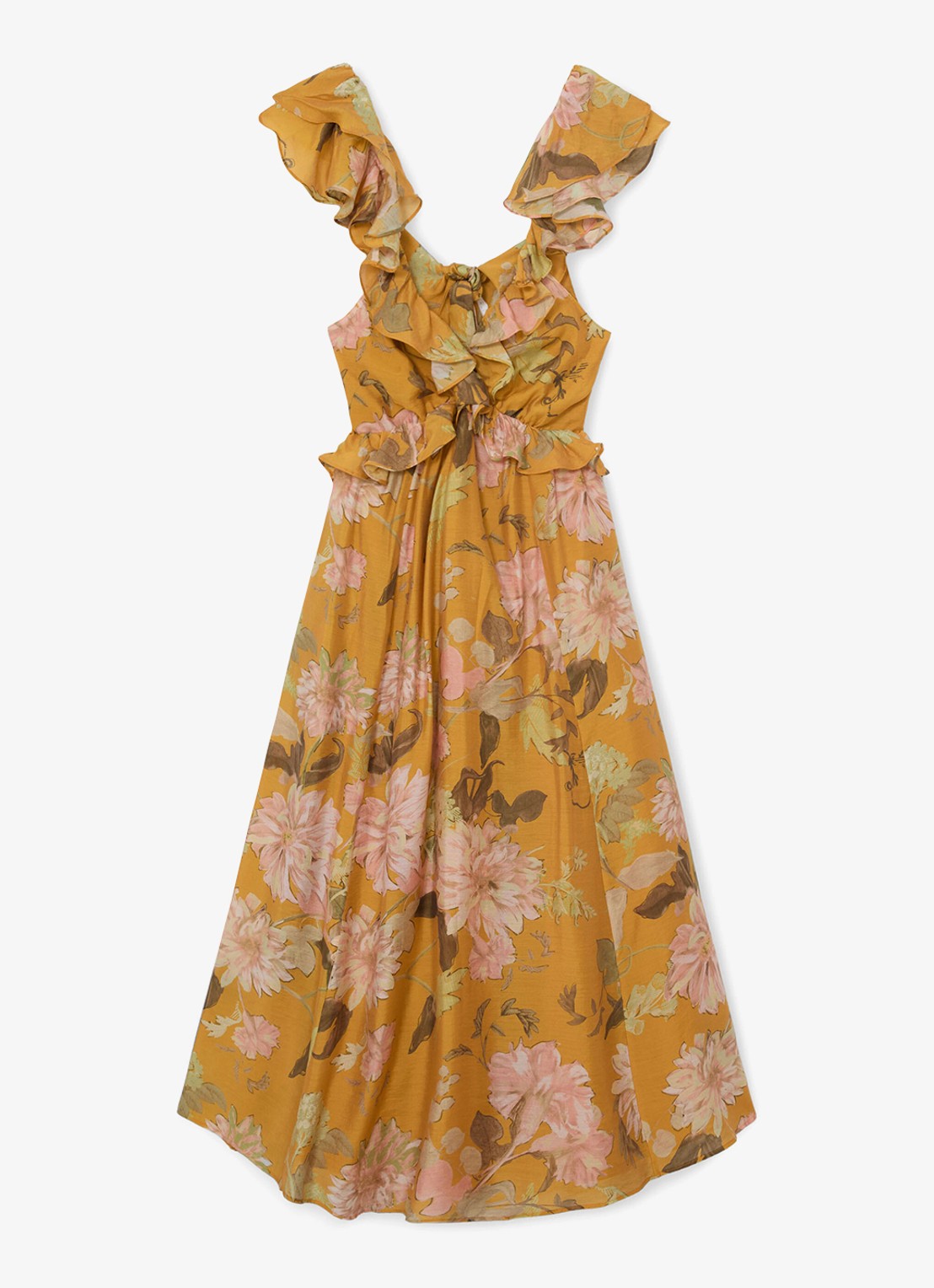 Reiss Lucy midi jurk met bloemenprint - voorkant 6 okergeel
