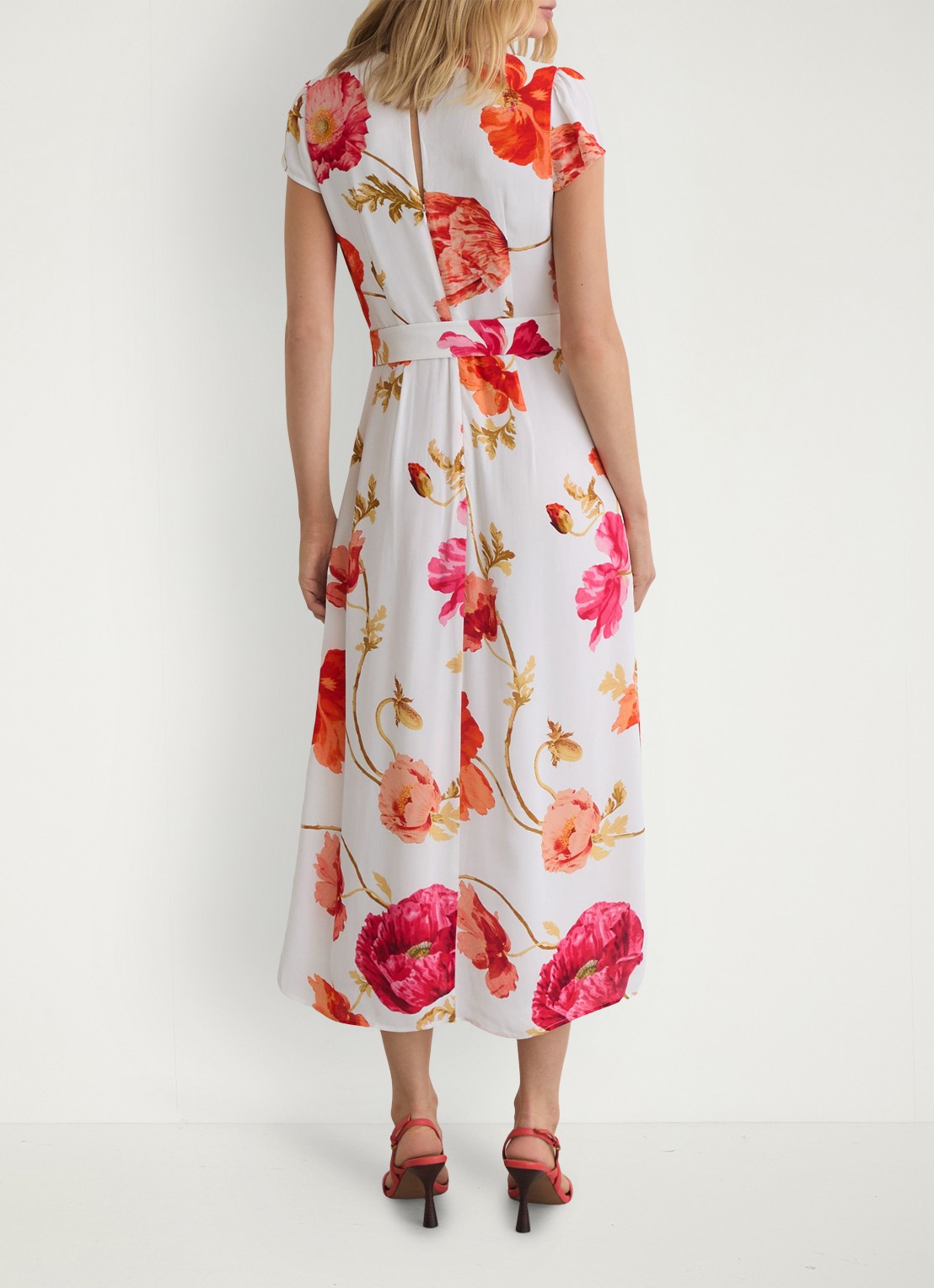 Reiss Lyra midi jurk met bloemenprint en ceintuur - achterkant roze