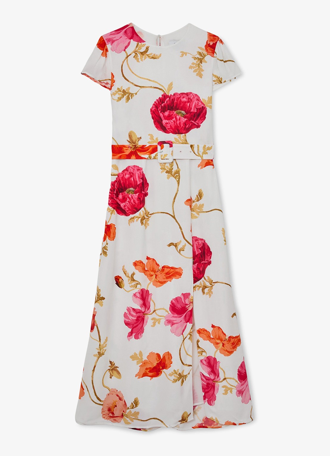 Reiss Lyra midi jurk met bloemenprint en ceintuur - voorkant 4 roze